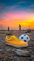 Yellow Shoe and Soccer Ball at Sunset with Children Playing in Background