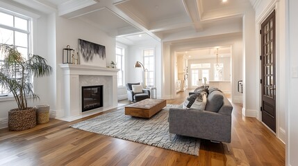 Modern Home Interior Design. Spacious living room with fireplace, wooden flooring, and comfortable furniture