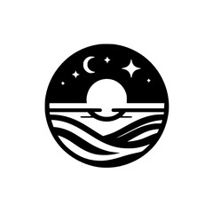 Minimalist Night Scene: Moon & Stars Over Ocean Waves