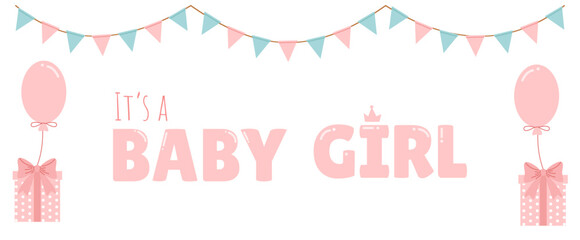 Holiday poster for the birth of a little girl with festive garlands and gifts