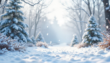Fototapeta premium Winter wonderland with snow-covered trees and soft sunlight 