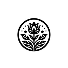 Minimalist Floral Emblem in a Circle, Black and White Design