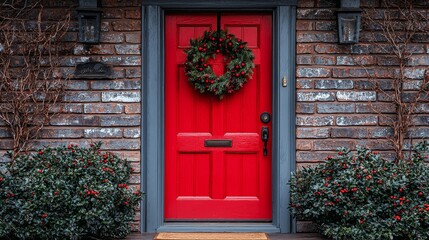 A red door with a wreath on the front of it