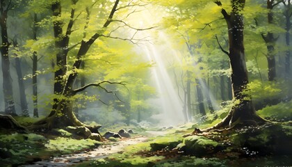 Misty forest landscape with lush green moss-covered rocks and tall trees in soft light