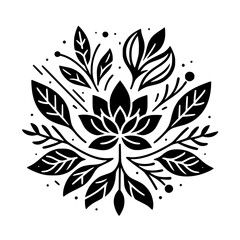 Floral Mandala Silhouette: Black Leaves & Lotus on White