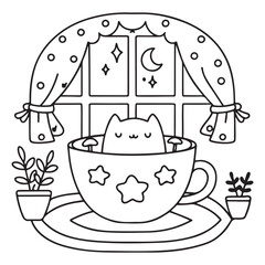 Cozy space coloring pages, bold and easy coloring pages, space coloring page, line art, victor illustration, black & white design, bold & easy coloring book, background