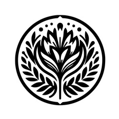 Elegant Black & White Floral Emblem, Circular Design