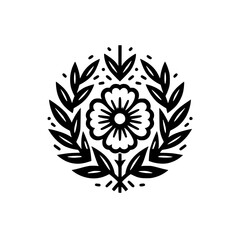 Fototapeta premium Black & White Floral Emblem: Minimalist Flower & Leaf Design