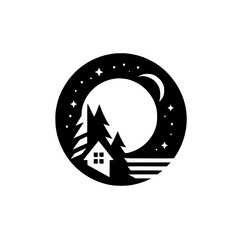 Minimalist Nighttime Cabin Scene Logo Design