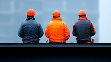 Three Construction Workers in Orange Jackets on a Rooftop