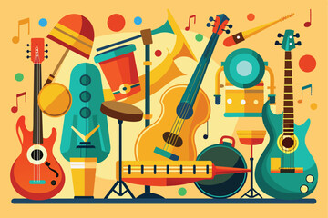 Vibrant illustration featuring various musical instruments like guitars and drums, set against an abstract, colorful background. Perfect for music-related designs and artistic concepts.