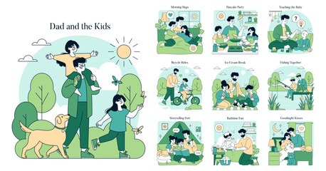 Dad And The Kids. Flat Vector Illustration