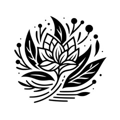 Minimalist Black & White Floral Illustration: Lotus, Leaves, Berries
