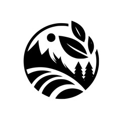 Black and White Nature Logo: Mountains, Trees, Leaves in Circle