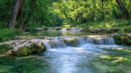 A small waterfall in the middle of a lush green forest