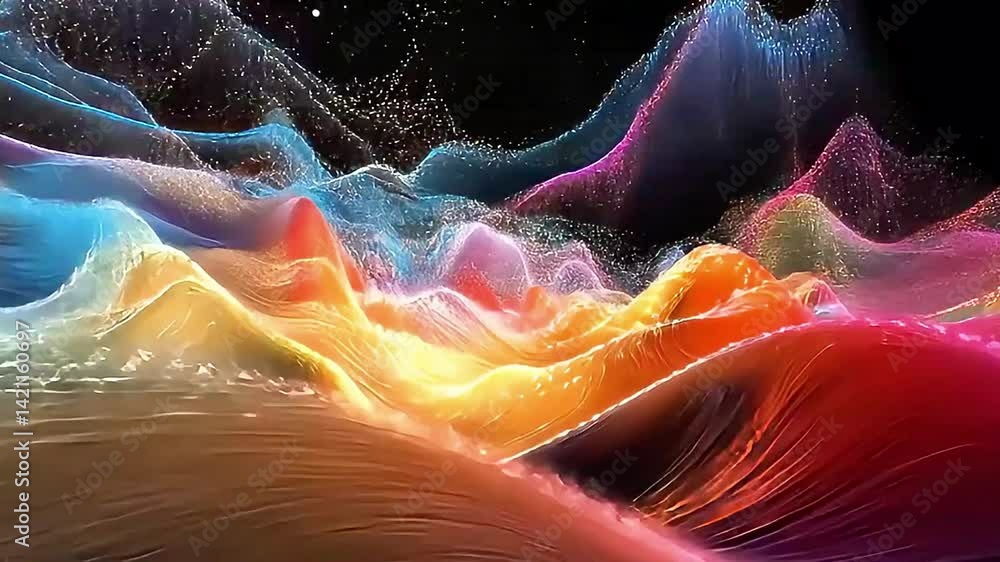Poster abstract colorful mountain range with glowing particles flowing seamlessly in slow motion