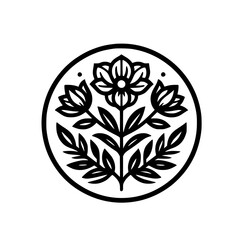 Elegant Floral Emblem: Black & White Botanical Design in Circle