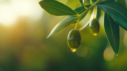 Two glistening olives with water droplets hang from branch on green background, copy space