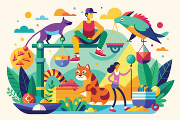 Colorful and dynamic illustration featuring people, animals, and nature. Emphasizes adventure, exploration, and the joy of the outdoors with playful elements.