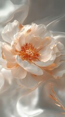 Obraz premium A delicate peach-colored flower with a golden center against a soft, flowing background