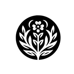 Minimalist Floral Emblem: Black and White Nature Design in Circle