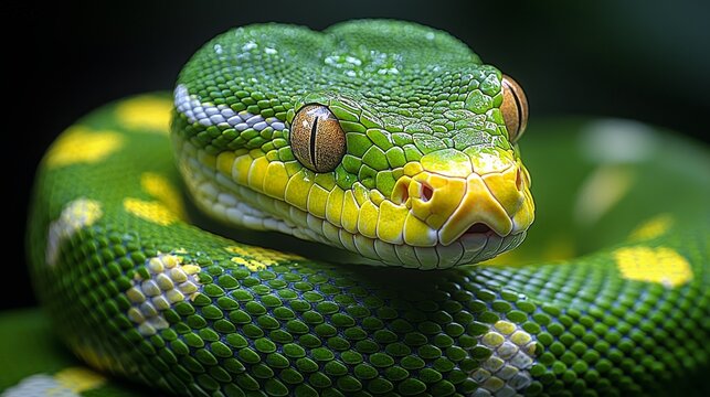 A close up of a green snake with yellow eyes