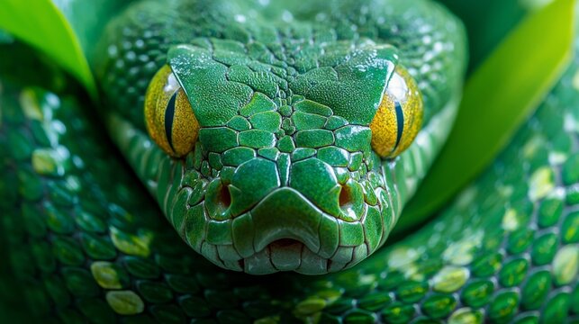 A close up of a green snake with yellow eyes