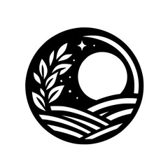 Serene Night Landscape in a Circle, Simple Black and White Icon