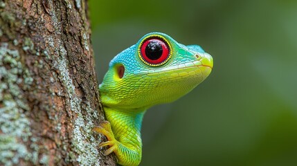 A green gecko with red eyes peeking out from behind a tree