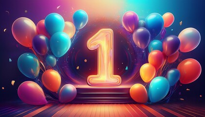 Illustration for first birthday or anniversary. Number 1 with balloons, colorful image