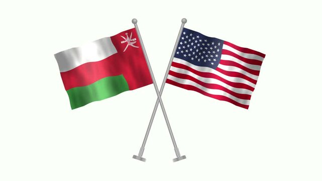 Flag of Oman and USA, Cross table flag of Oman and USA on white screen, Oman and USA 3D Animation flag waving in the wind isolated on white Background. 
