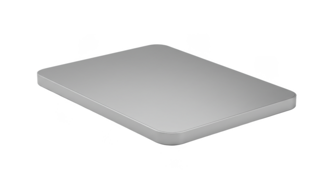 A close up shot of a gray rectangular object with rounded corners on a black background in studio lighting