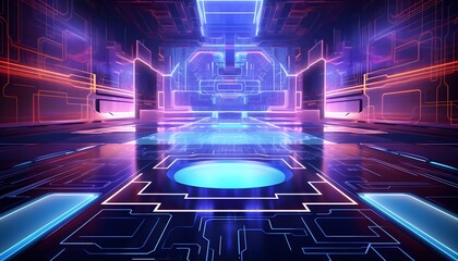 High-tech digital control panel featuring glowing blue and orange holographic interface elements, circuits, and futuristic design details in a sleek dark background