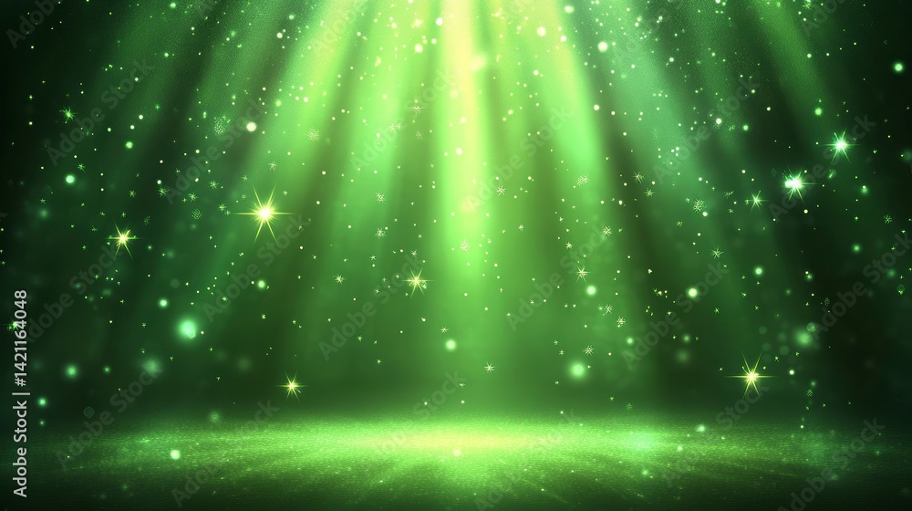 Poster glowing green light rays illuminate a dark stage with sparkling particles.