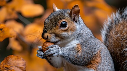 Fototapeta premium A squirrel eating a nut in front of a tree