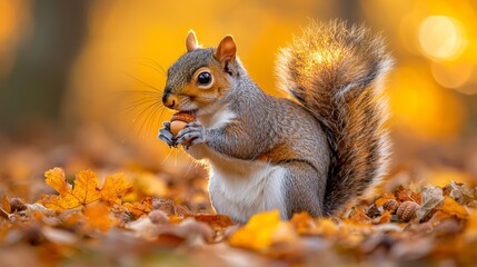 Obraz premium A squirrel eating a nut in a pile of leaves
