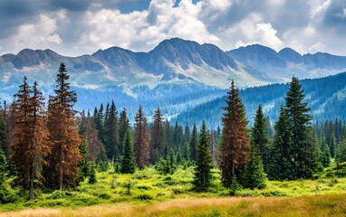Obraz premium Majestic Mountain Range with Evergreen Forest Landscape