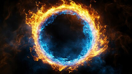 Fiery ring of blue and orange flames on black background.
