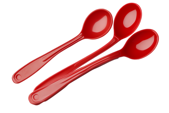 5 red plastic measuring spoons isolated on a transparent background PNG