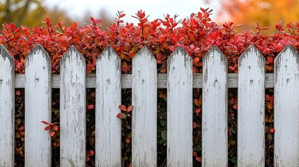 Fototapeta premium A white picket fence surrounded by red leaves