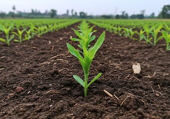 Corn seedlings are sprouting from dark, rich soil in neatly organized rows on a farm. The cloudy sky hints at an upcoming rain, aiding their growth