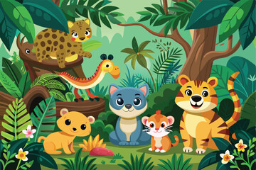 Naklejka premium Bright and colorful cartoon illustration featuring friendly jungle animals surrounded by lush greenery. Perfect for children's content and educational materials.