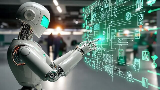 AI - A futuristic AI-powered robot analyzing data on a glowing digital interface, symbolizing artificial intelligence advancemen.