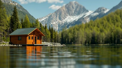 Naklejka premium Cabin sits lakeside, mountain backdrop, trees, reflecting in water; peaceful nature escape