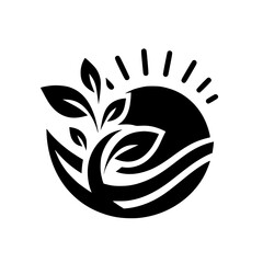Eco-Friendly Logo: Sun, Leaves, Hand, Minimalist Design