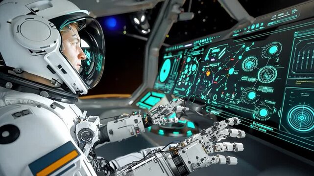 AI in Space Exploration - A team of astronauts using AI-driven robotic assistants on a Mars colony mission.