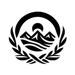 Abstract Mountain Crest with Laurel Wreath - Black and White Icon