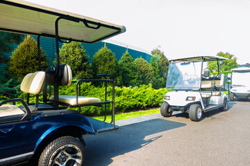 Golf carts lined up in a sunny area. Multiple golf carts are parked on a paved path, surrounded by green trees and landscaping under a bright sky.