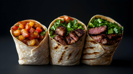 Three Grilled Burritos with Various Fillings on Dark Background