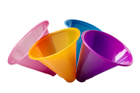 Colorful plastic funnels for cooking isolated on a transparent background PNG